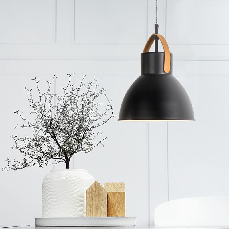 1 Head Hanging Light Industrial Domed Metallic Pendant Lamp with Glass Diffuser and Leather Strap in Black