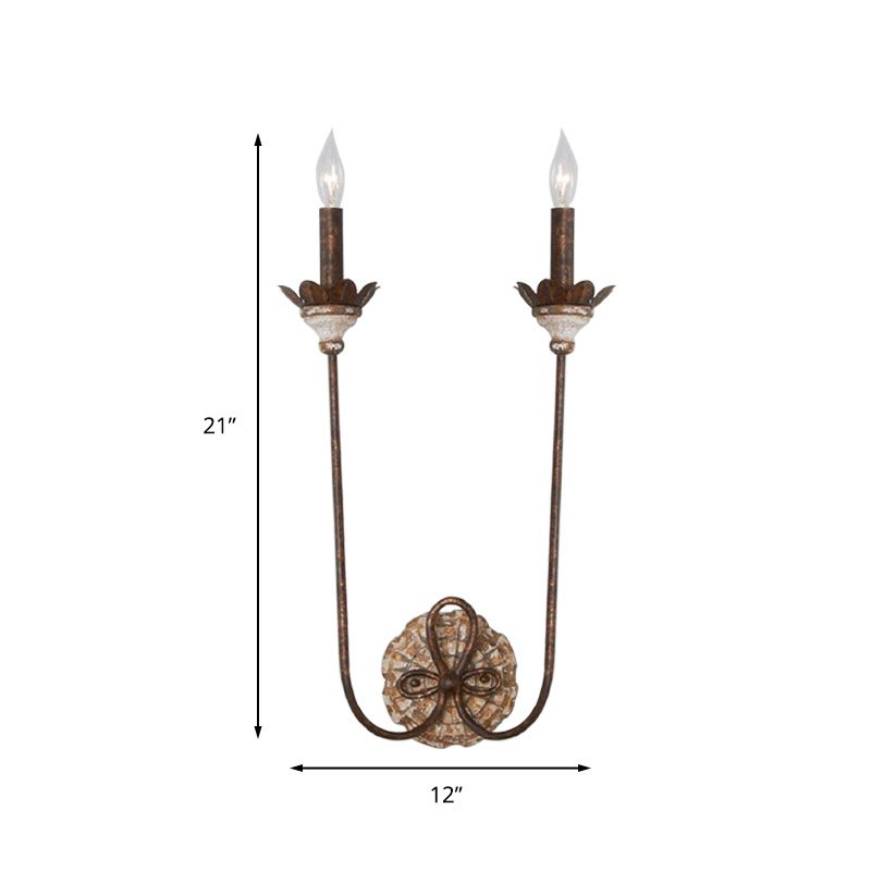 Rust Wall Lighting Country Style Metal 2-Light Dining Room Sconce Lamp with Flower Deco