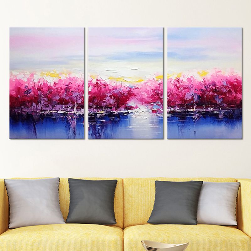 Beautiful Riverside Blossom Trees Canvas for Living Room Scenery Wall Art Decor in Pink