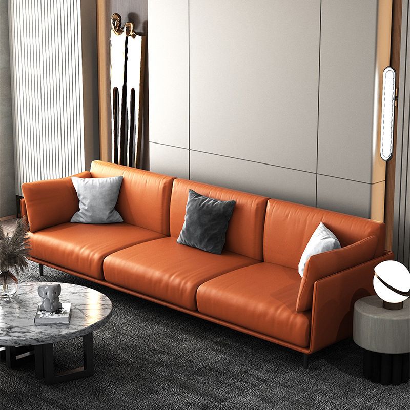 Faux Leather Orange Sofa Pillow Top Arm Sofa with Metal Legs