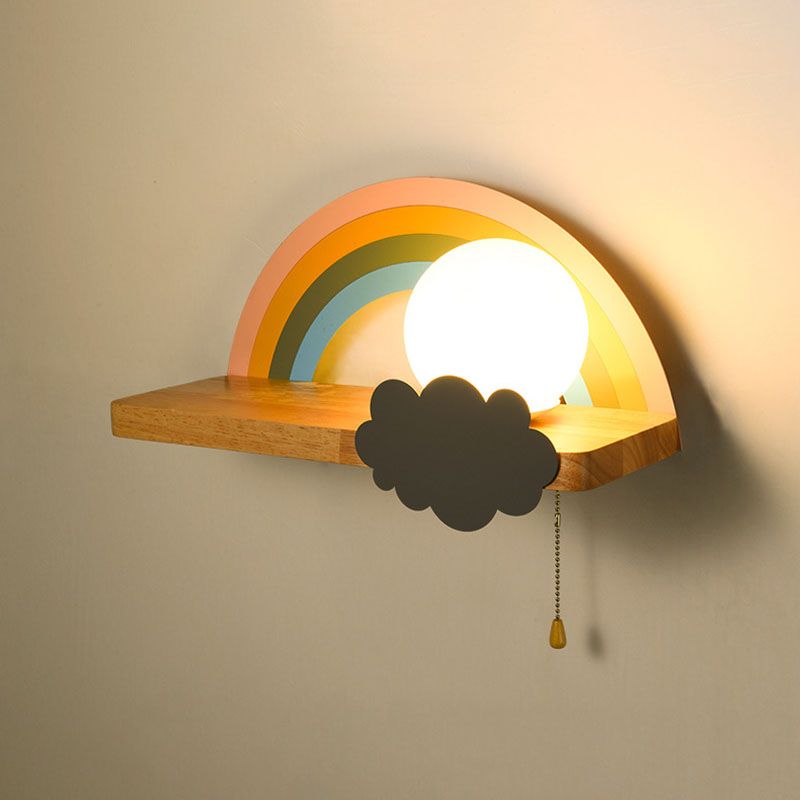 Wood Kids Wall Light Fixture Semicircle Rainbow Sconce Lamp for Children's Room