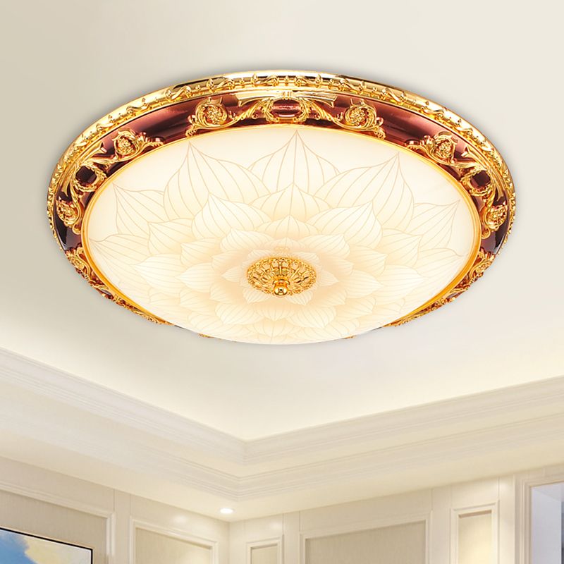 Gold LED Flush Ceiling Light Vintage Frosted Glass Bowl Flushmount Lighting with Blossom Pattern, 12.5"/15"/19" Width