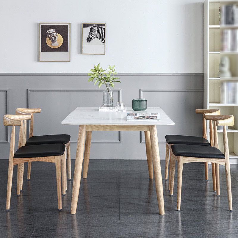 White Stone Top Dining Table Mid-Century Modern Table with 4 Wood Legs