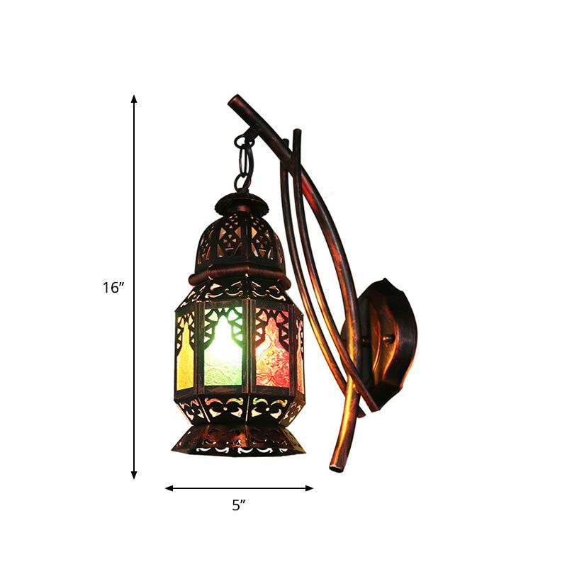 Moroccan Carved Lantern Wall Lamp 1 Bulb Stained Art Glass Wall Mounted Light Fixture in Copper