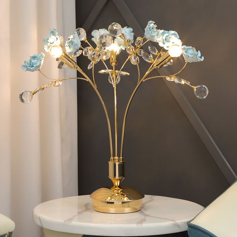 3 Bulbs Gold Ball Desk Lamp Modern Faceted Crystal Nightstand Light with Ceramic Flower Design