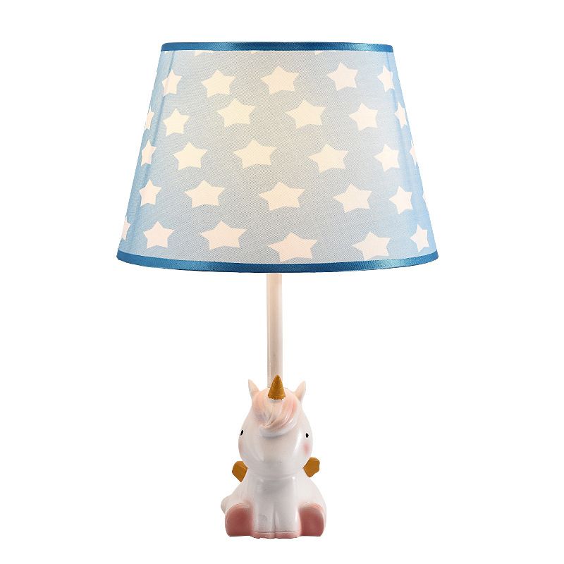 Pink Unicorn Table Lamp Cartoon 1 Head Resin Nightstand Light with Patterned Empire Shade