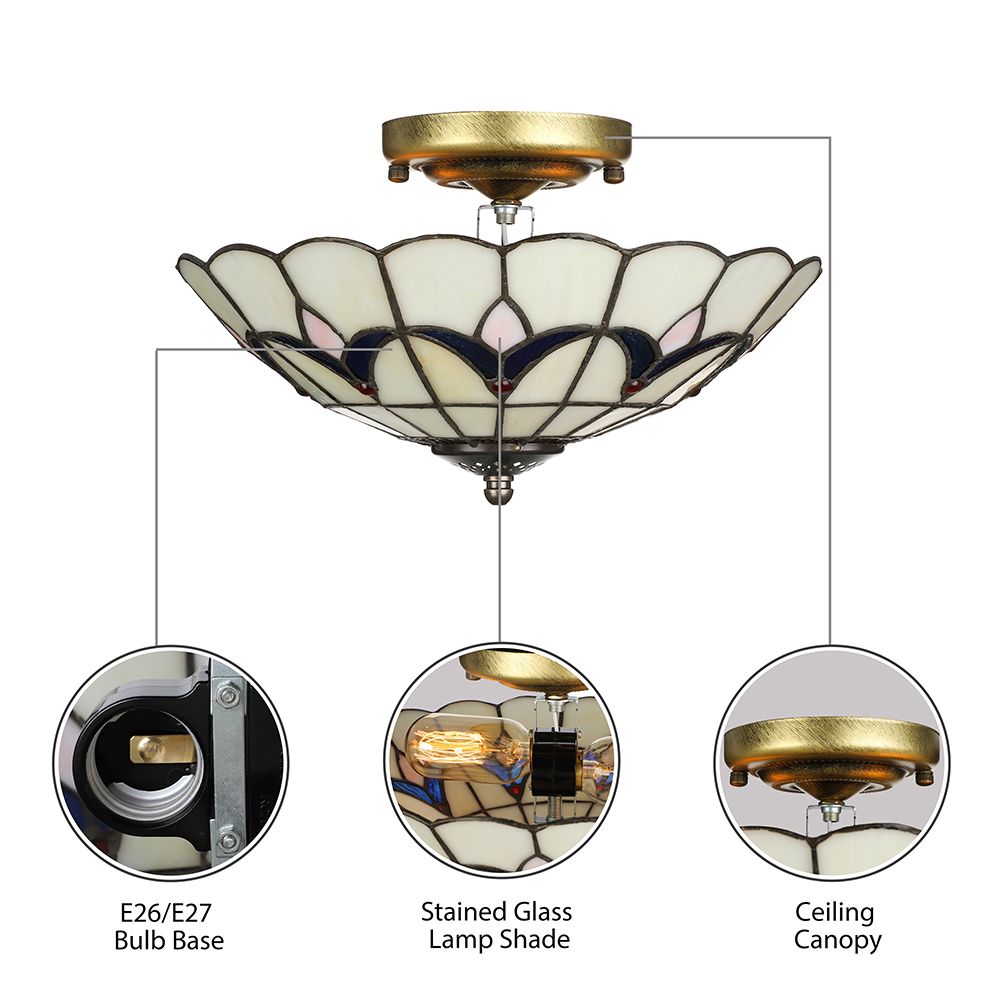 Living Room Ceiling Lights Rustic Style 10"/12" Inch Dome Flush Mount Light Fixture with Jewel Decoration in White/Beige/Blue/Clear