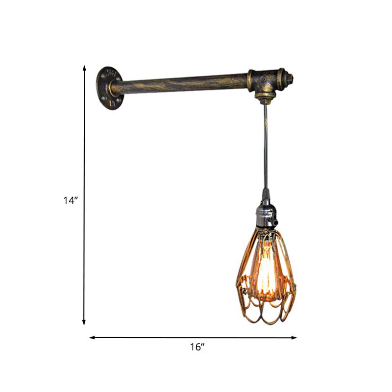 Metal Caged Wall Sconce Lamp Industrial 1 Bulb Restaurant Wall Mount Pipe Light in Brass