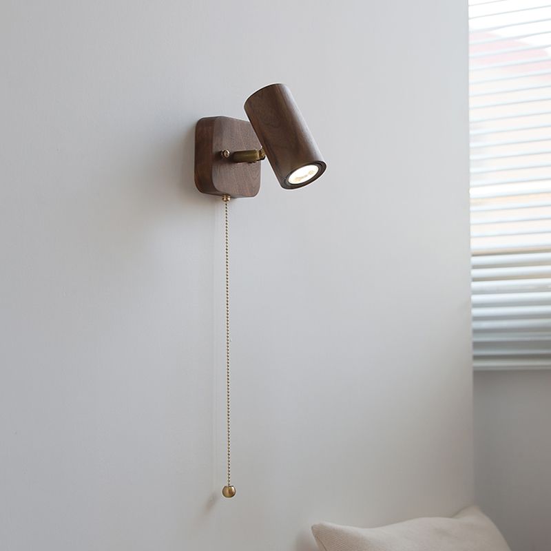 Cylinder Shape Wood Wall Sconces Modern 1-Light Reading Wall Mount Light in Brown