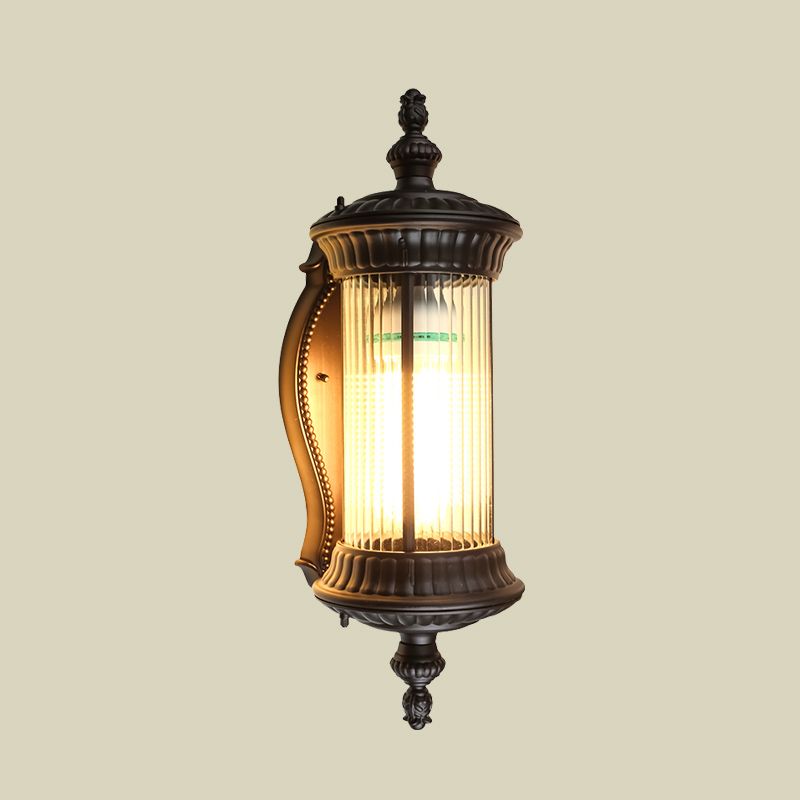 Lodge Cylindrical Sconce Fixture Single Light Clear Prismatic Glass Wall Lamp in Dark Coffee