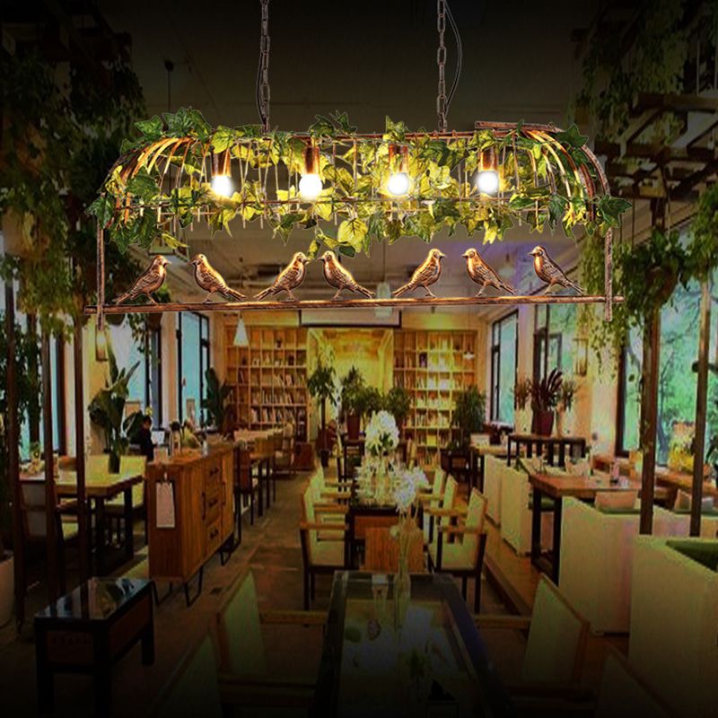 Bronze Birdcage Island Light Fixture Country Iron 4-Bulb Bar Suspension Light with Bird and Faux Ivy