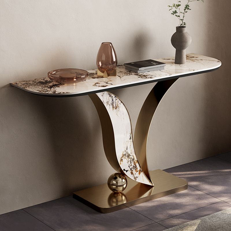 Half Moon Shape Contemporary Console Table Gold/Champagne Stone Sofa Table