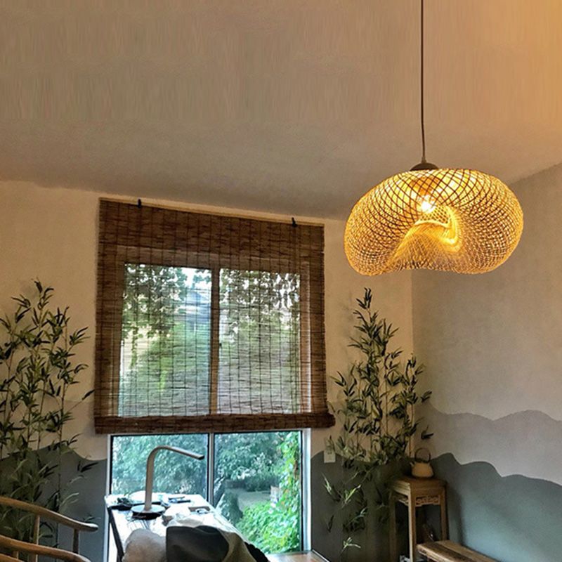 Beige Hat Shaped Pendant Lighting Fixture Asia Style Bamboo Hanging Pendant Light