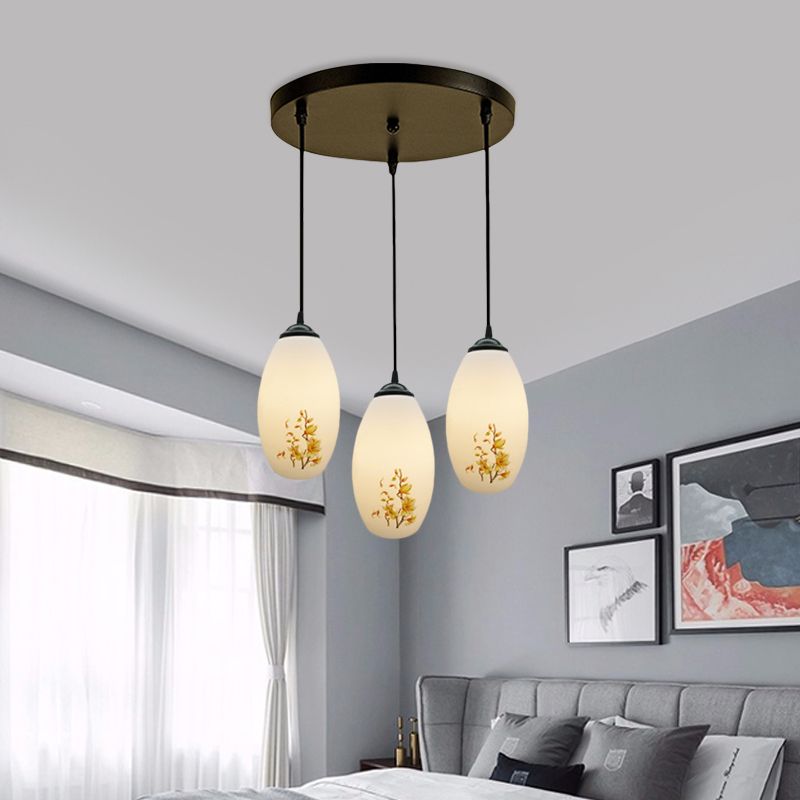 3 Bulbs Multiple Hanging Light Modern Oblong Frosted White Glass Linear/Round Canopy Pendulum Lamp with Flower Pattern