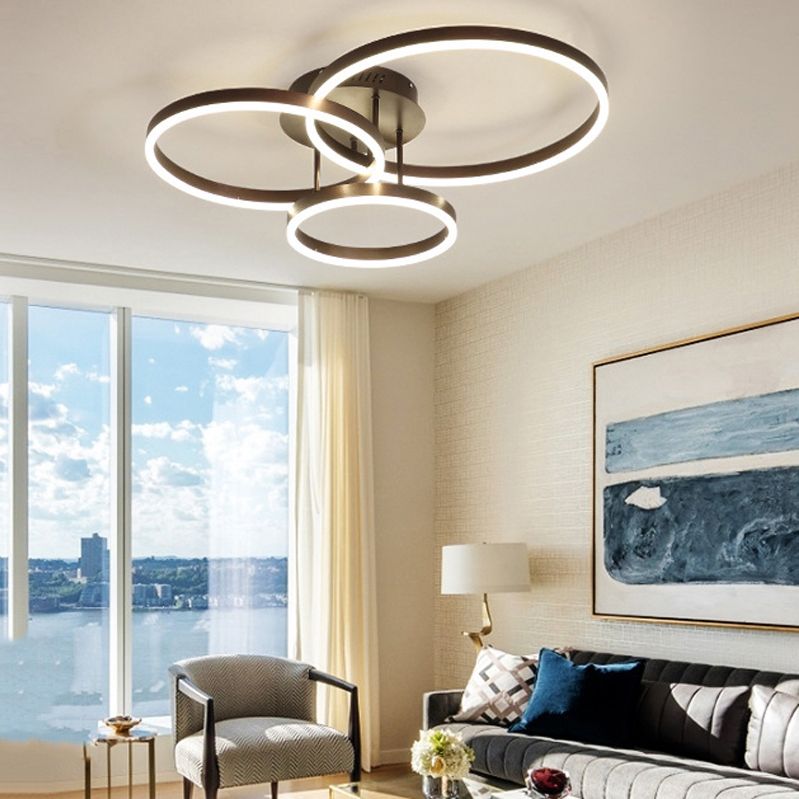 Metal Circular Semi Flush Light Simple Semi Flush Chandelier Lighting in Brown