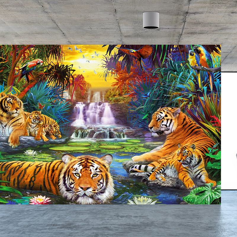Jungle Cascade and Tiger Mural Wallpaper Modern Non-Woven Cloth Wall Art in Green