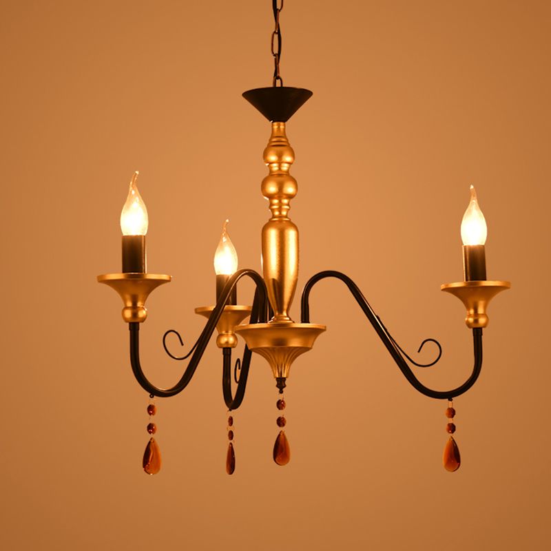 Metal Black-Gold Hanging Light Candelabra 3/5/8 Heads Farmhouse Pendant Chandelier with Amber Crystal Drape