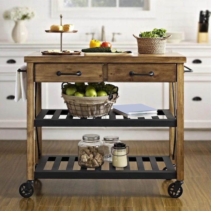 Contemporary Wood Kitchen Cart Rolling Metal Kitchen Cart with Open Storage