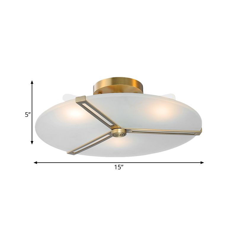 Retro Plate Frosted Glass Semi Flush 3 Bulbs Ceiling Mount Chandelier with Brass Band