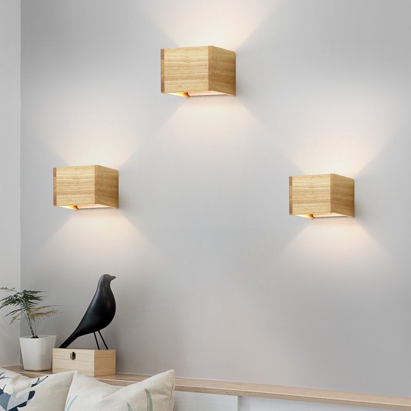 Nordic Style Wood Wall Light Cube Shape 4.5" Wide Wall Sconce for Bedroom