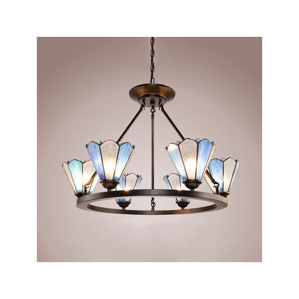 Conical Pendant Lighting with Ring Stained Glass 6 Lights Traditional Chandelier Lamp in Blue