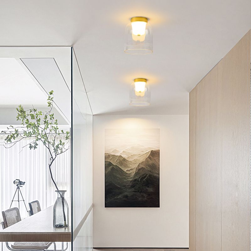 Modern Metal Flush Mount Geometric Shape Ceiling Lamp with Glass Shade for Living Room
