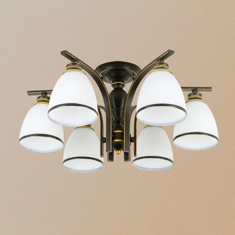 Minimalist Bell Shape Ceiling Light Cream Glass Semi Flush Light in Black for Dining Room