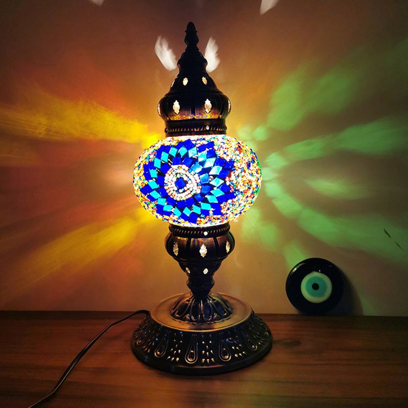 Stained Glass Bronze Night Light Sphere 1 Light Moroccan Style Table Lamp with Metal Base