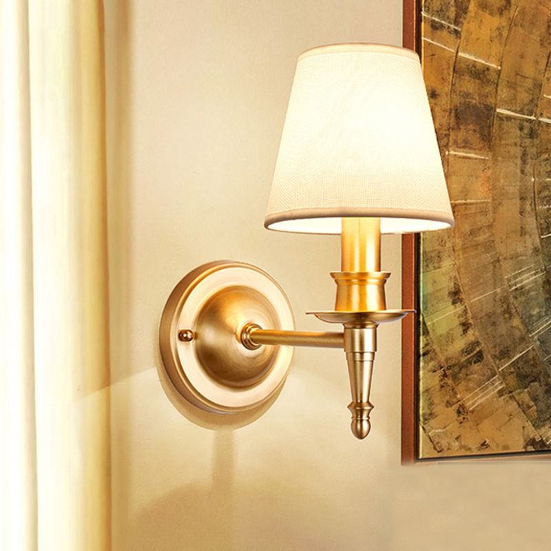 Country Conical Wall Light Single-Bulb Fabric Wall Lighting Ideas with Candle Design in Gold