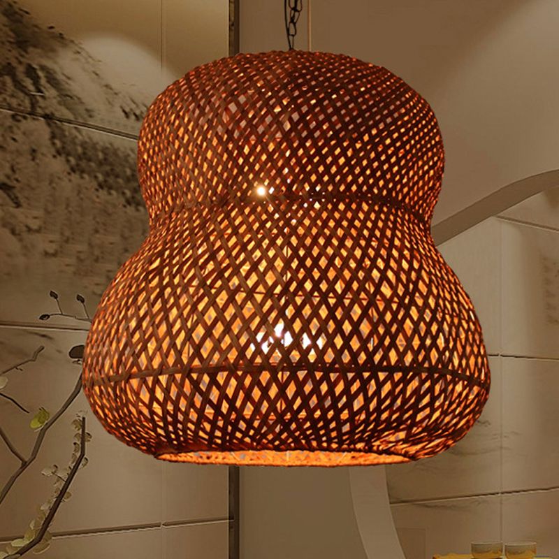 1 Bulb Gourd Ceiling Light Chinese Bamboo Suspended Lighting Fixture in Light Coffee