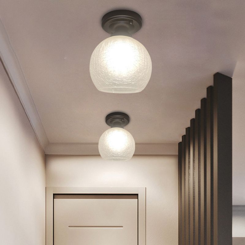 Rural Style Global Flush Light Single Bulb White Textured Glass Ceiling Mounted Fixture in Black, 6"/7"/8" Wide