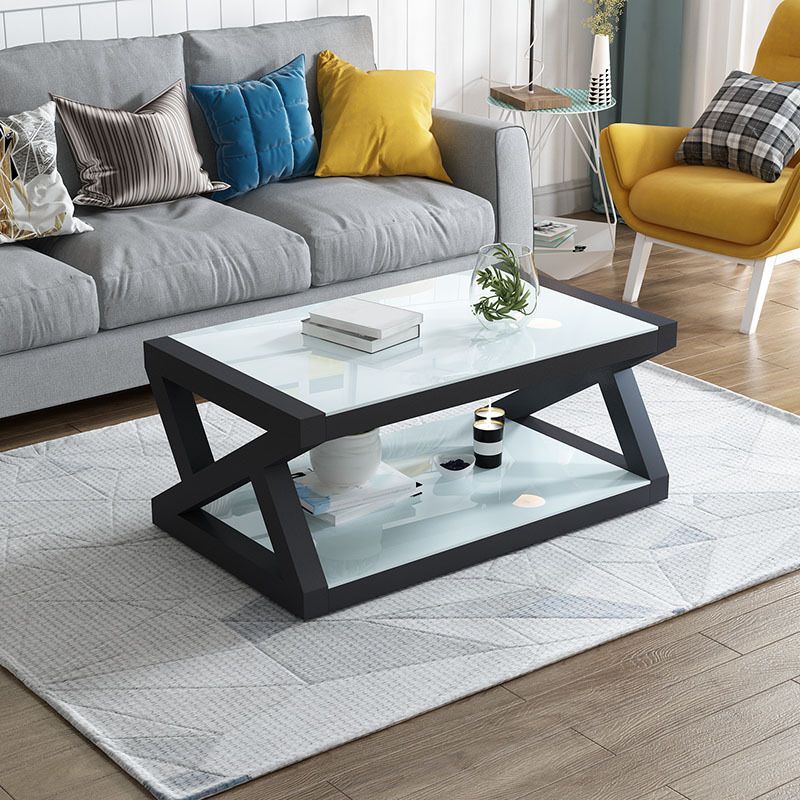 17.7" Tall Modern Trestle Base Glass Rectangular Coffee Table with Shelf