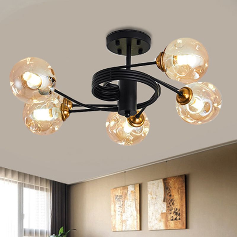 3/5 Lights Living Room Semi Flush with Ball Amber/Smoke Dimpled Blown Glass Shade Modernist Black Semi Flush Ceiling Light