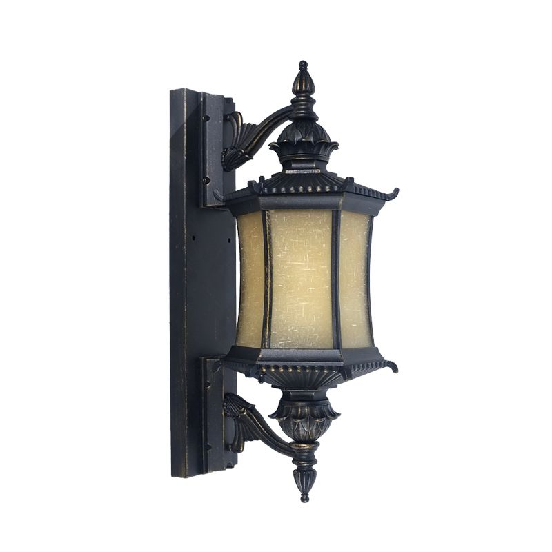 Countryside Lantern Wall Light Sconce 1-Head Frosted Glass Wall Mounted Lamp in Black for Yard