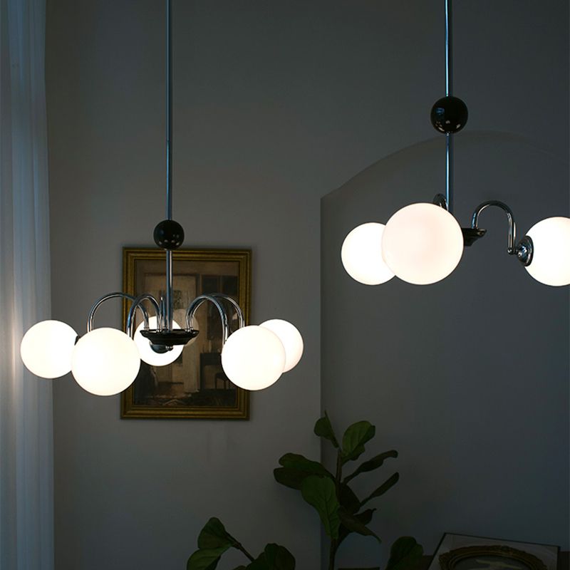Modern Style Spherical Shape Chandelier Lights White Glass Pendant Lights in Silver