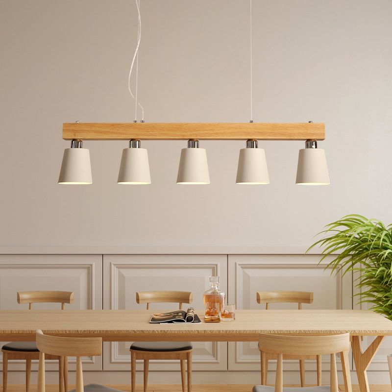 Linear Wooden Island Light Fixture Nordic Suspension Light with Tapered Metal Shade