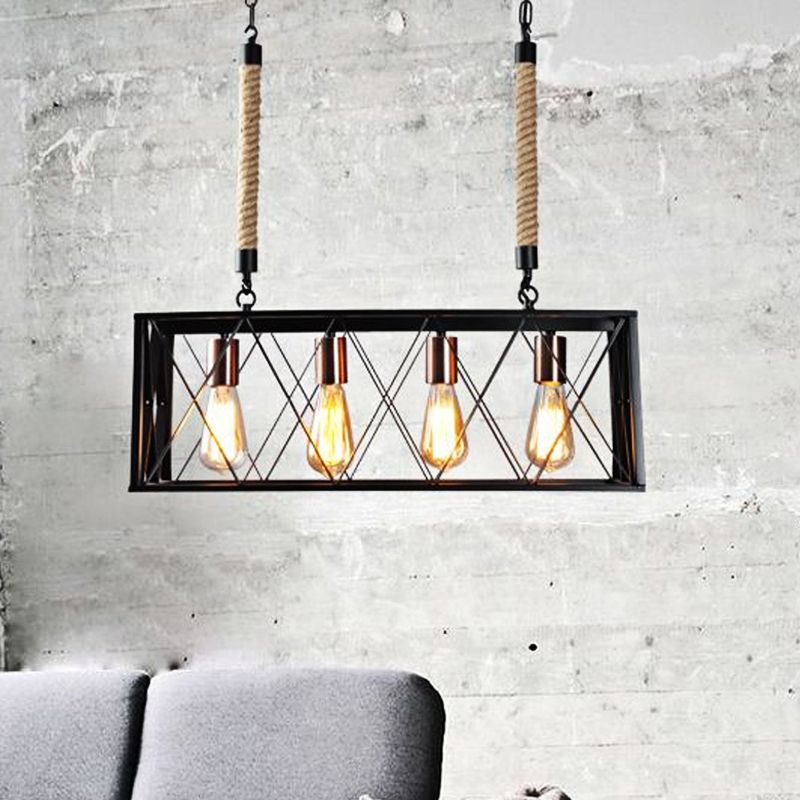 Illuminazione di isola in metallo lineare con tonalità X industriale vintage 4 lampadine da soggiorno Isola Light in nero