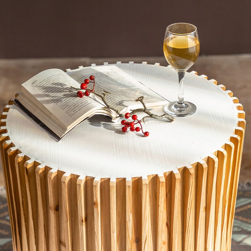 Rustic Drum Side Table Solid Wood Round End Table in Distressed Finish