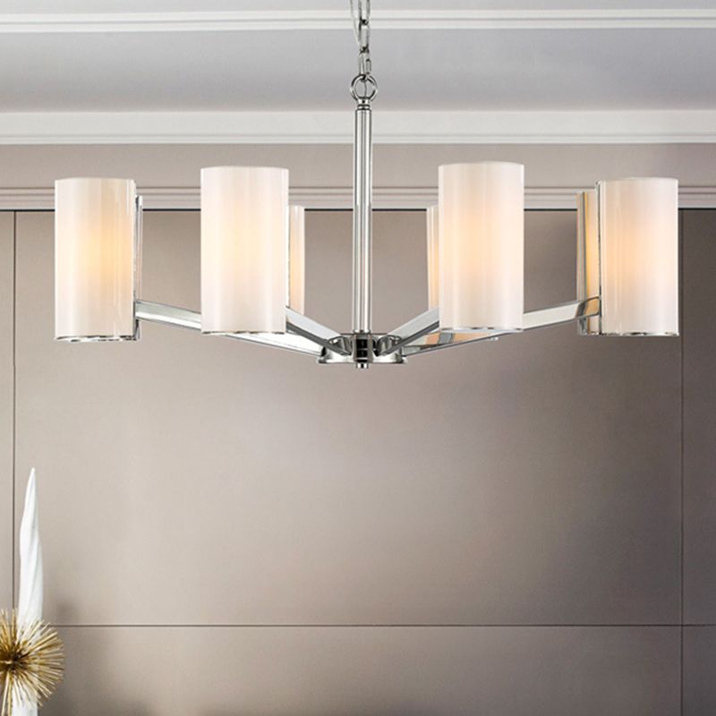 White Glass Cylindrical Chandelier Contemporary 8-Light Silver Ceiling Pedant Lamp with Adjustable Chain