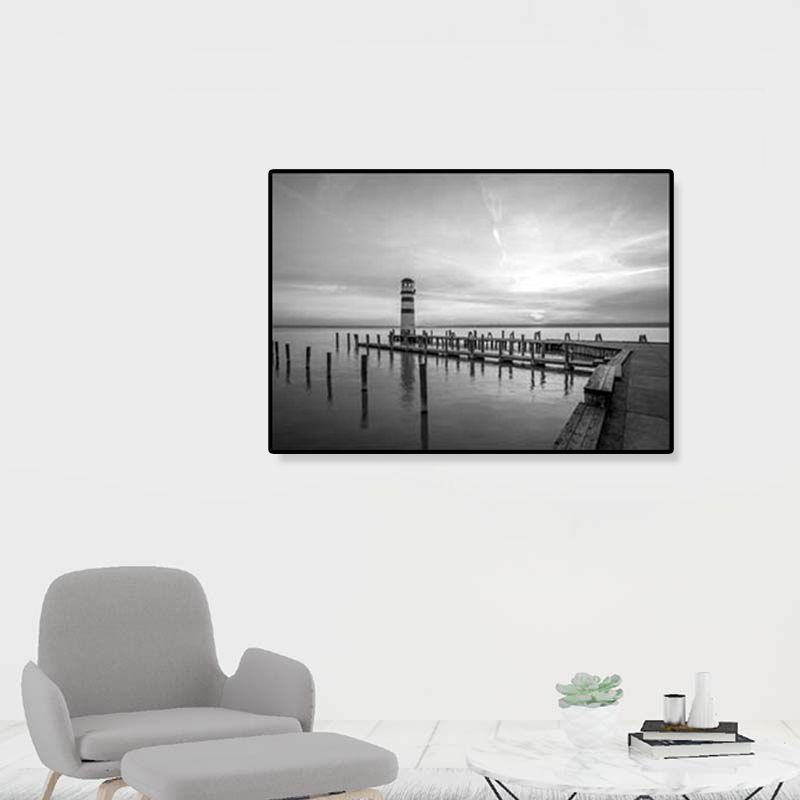 Seaside Building Canvas Art Textured Contemporary Living Room Wall Decor in Grey