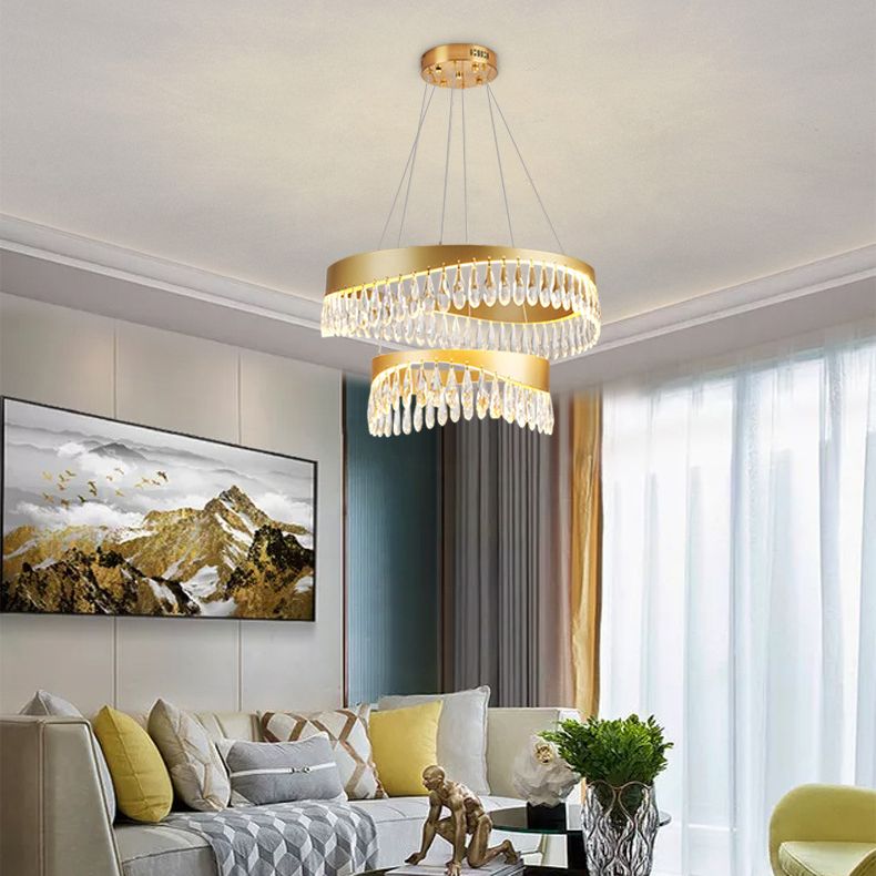 Adjustable Hanging Cord Chandelier Light Modern Round Crystal Ceiling Pendant for Restaurant