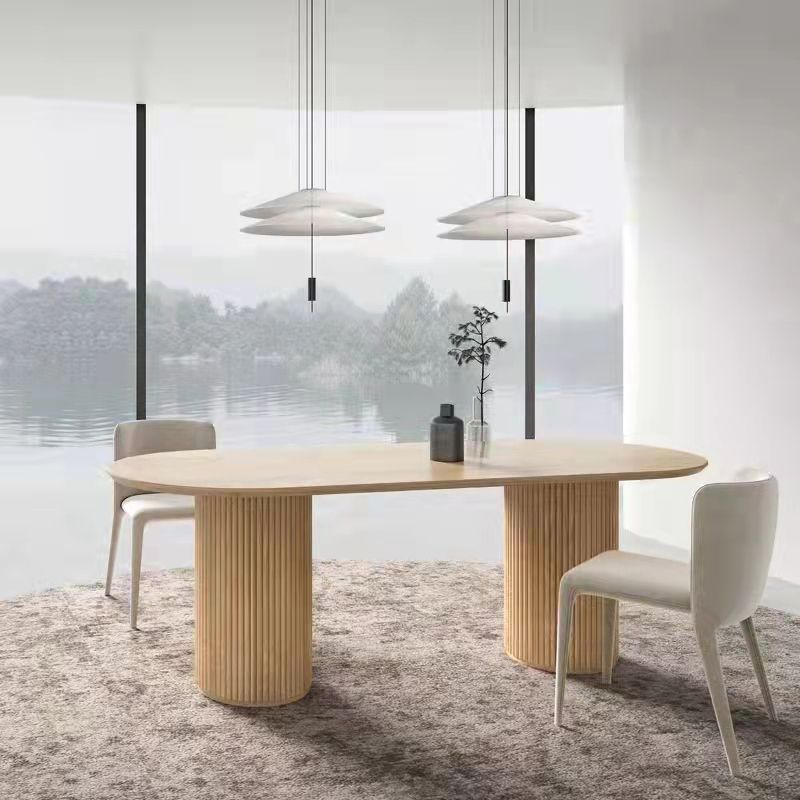 Table à manger ovale moderne en pierre frittée avec base à double piédestal