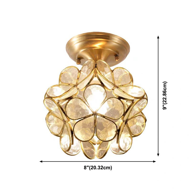Colonical Artistic Indoor Ceiling Light Copper Petaloid Flush Mount with Pure Glass Shade
