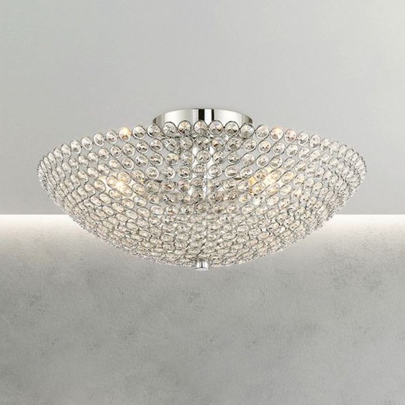 Clear K9 Crystal Bowl Semi Ceiling Flush Mount Contemporary Triple Light Chrome Close to Ceiling Light