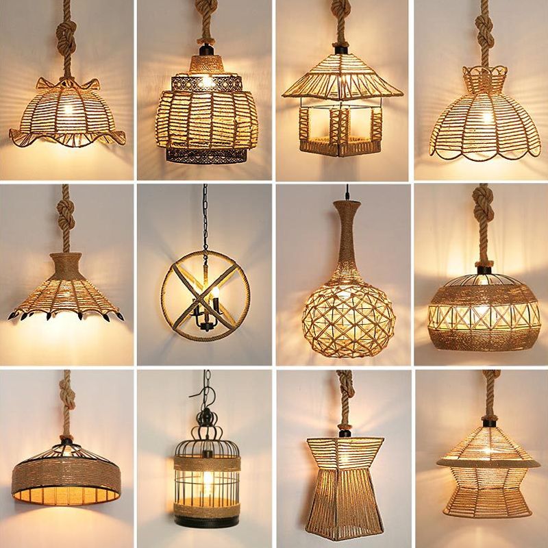 1 testa in giù per il ciondolo di illuminazione rustico ciotola smerlata/capanna a forma di cappola lampada sospensione del soffitto in legno per sala da pranzo