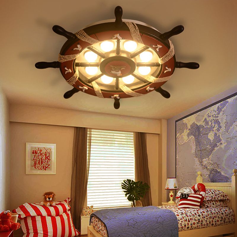 8 Lumières Bédouillaire Flush Mount Fixture with Rudder Wooden Shade Cartoon Blue / Brown Ceiling Lamp in Warm / White Light
