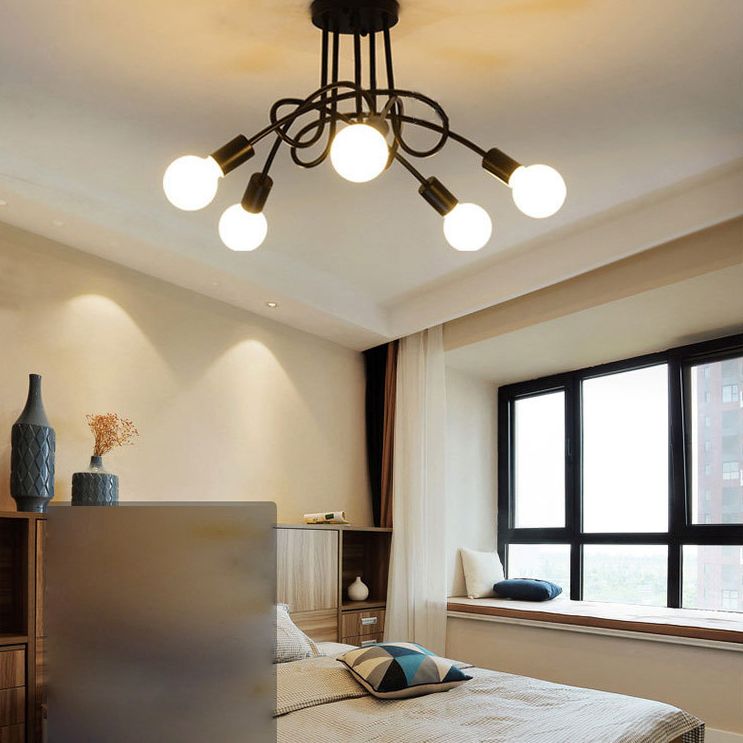 Luz de techo de semi descarga de bombillas expuestas en estilo industrial de estilo creativo creativo de hierro de hierro radial para comedor