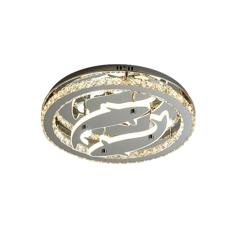 Contemporary Circle Flushmount Crystal Block Sleeping Room LED Ceiling Mounted Light with Fish Design in Chrome