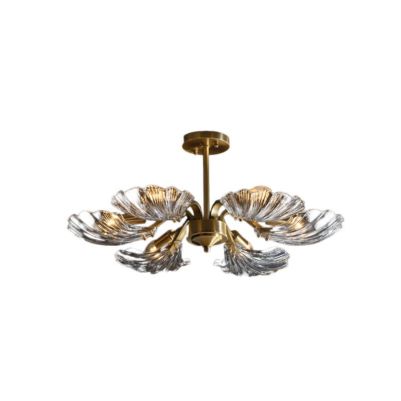 Shell Shaped Clear Glass Semi Flush Light Modern 6-Bulb Bedroom Ceiling Mounted Fixture in Brass