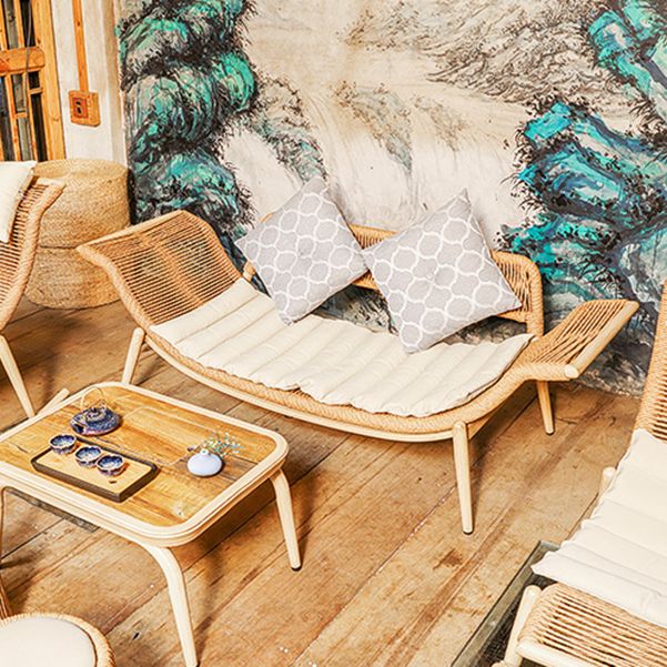 Contemporary Outdoor Patio Sofa Wicker/Rattan Khaki Fabric Cushion UV Resistant